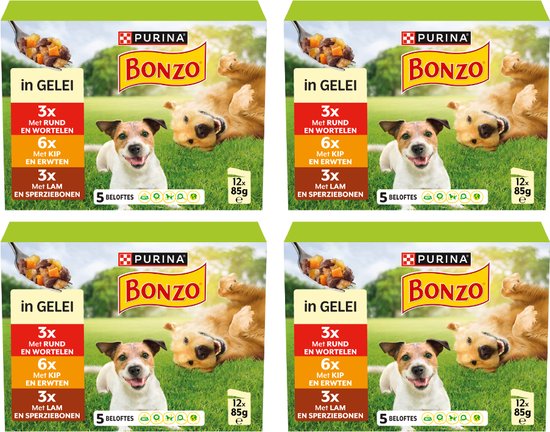 Bonzo Adult Maaltijdzakjes natvoer voor honden met rund kip en lam 48 x 85 gram